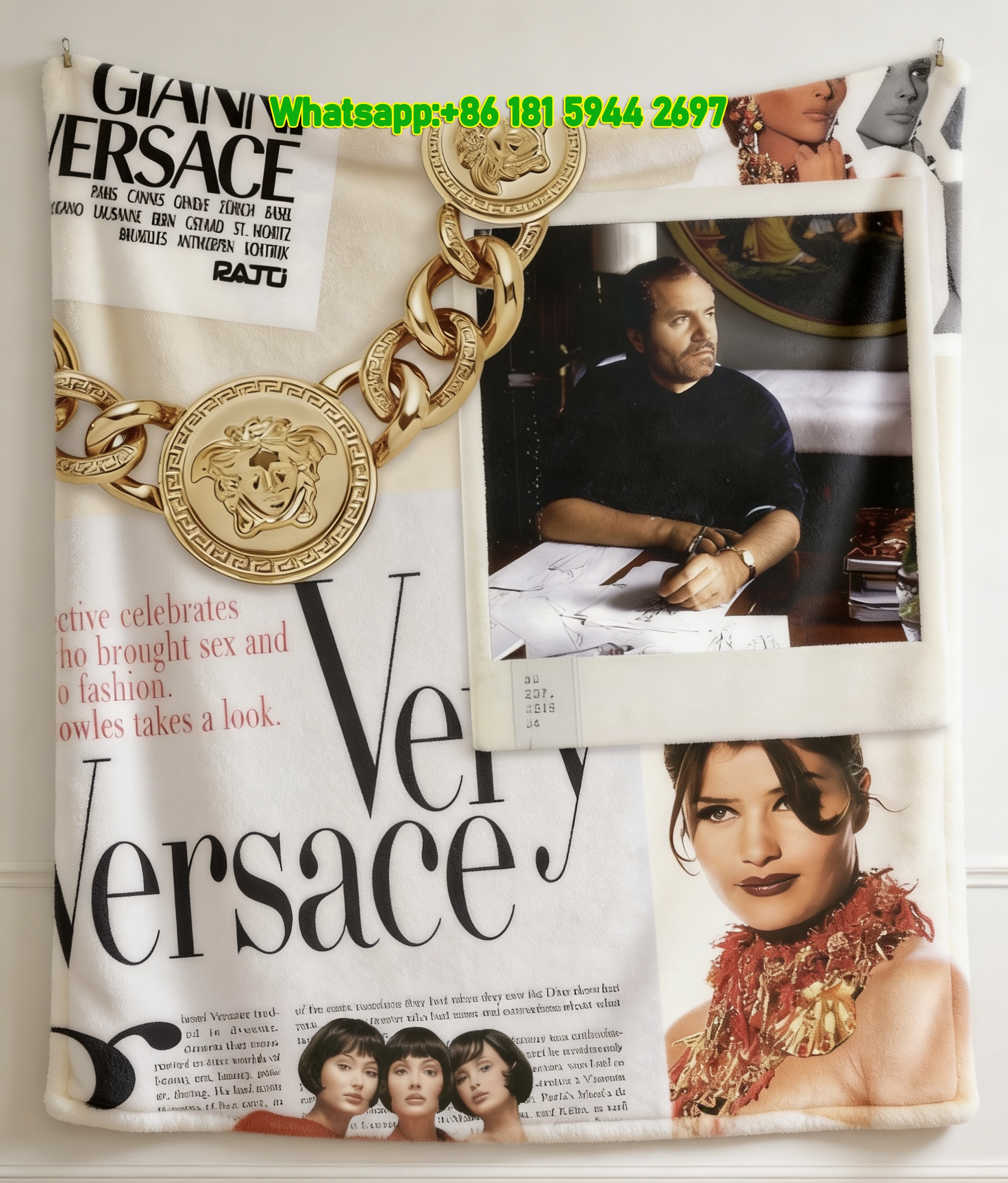 Versace Vintage Collage Print Flannel Throw Blanket Luxury Gold and White Retro Fashion Sofa Cover Blanket IMG_1533